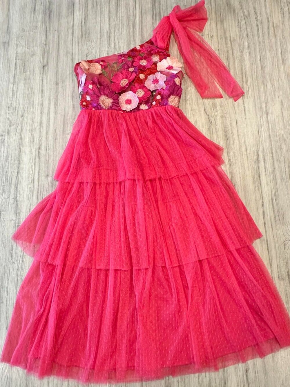 Floral Embroidered Tulle Tiered Maxi Dress Women's Small Pink One Shoulder NWT